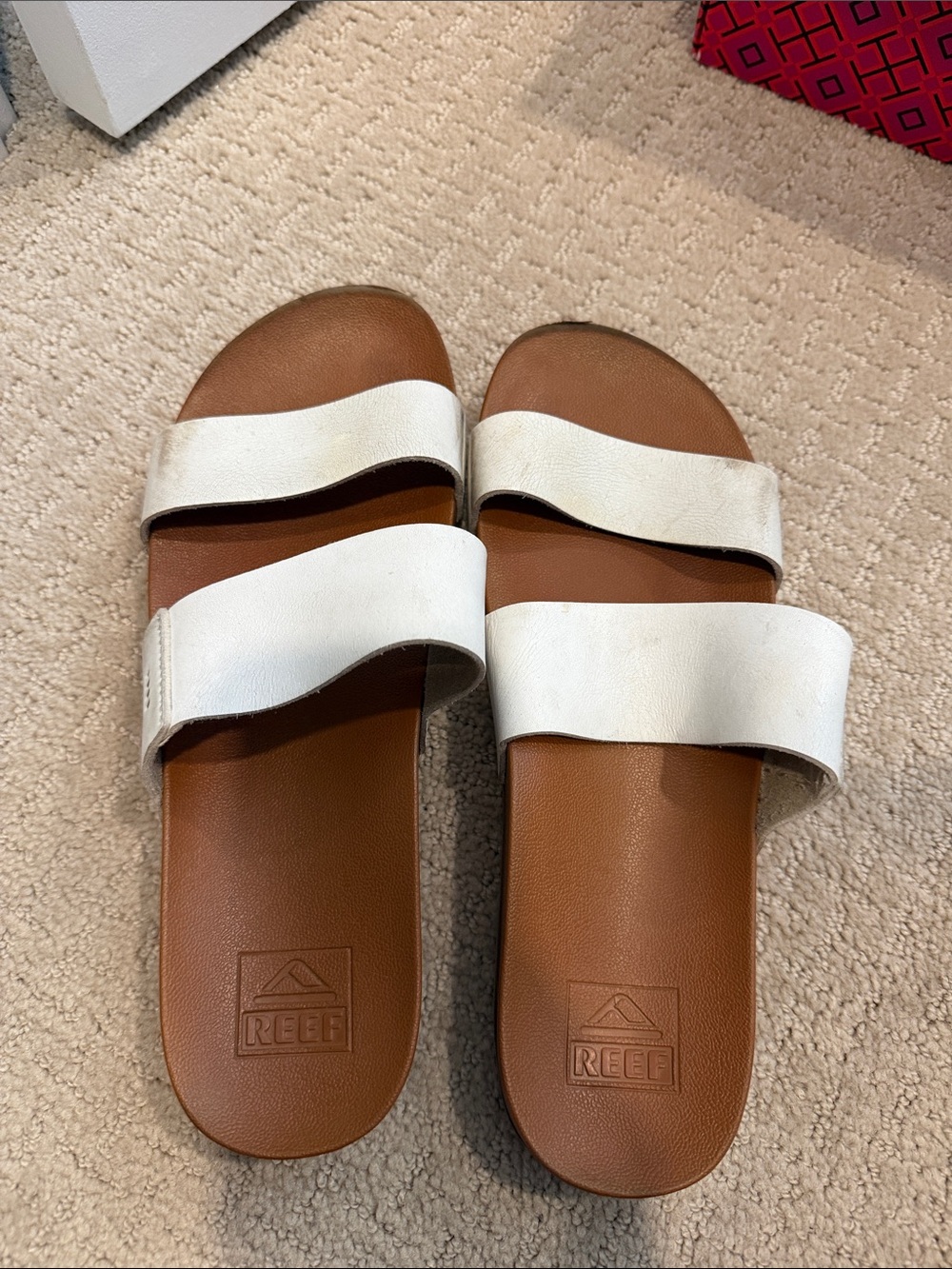 Reef Kids White Double-Strap Slides with Brown Footbed